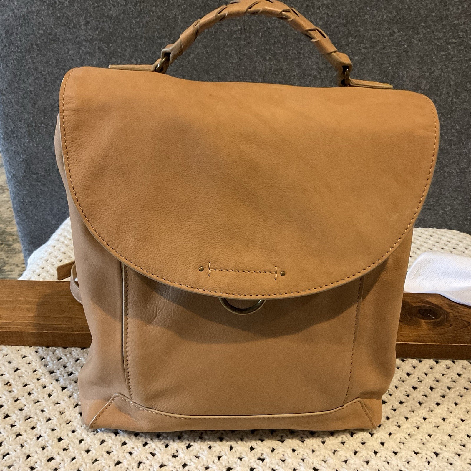 Lucky Brand Genuine Leather Backpack Purse Bag Camel Brown EUC
