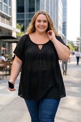PLUS SIZE Faded Glory Womens Size 4X  Black Crinkle Peasant Top  Blouse Casual 