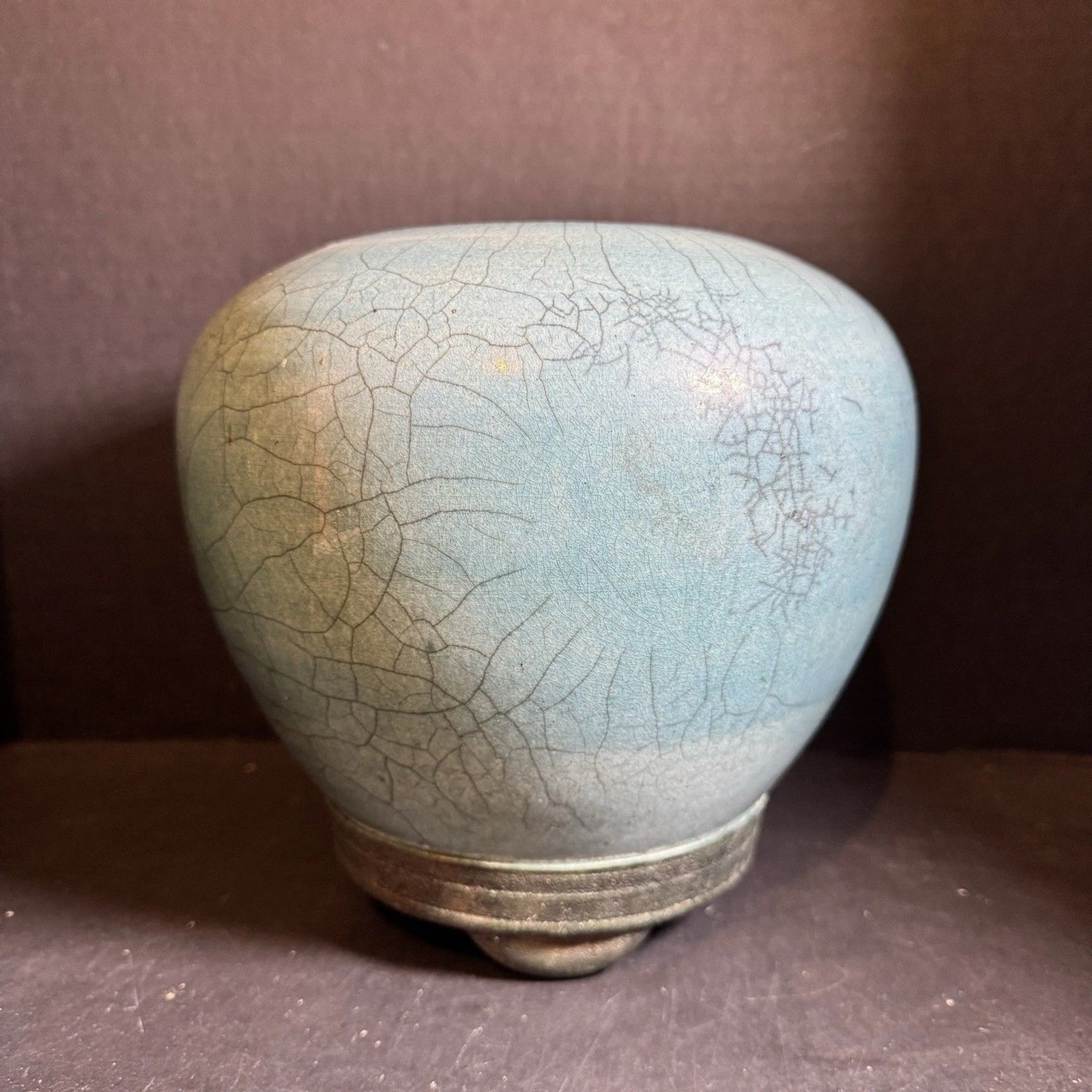 Vintage 2001 SIGNED Aqua Crackle Glaze Flower Vase [Item 0246]