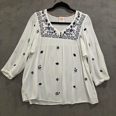 Knox Rose White Embroidered Boho Peasant Blouse Top Women's Size Large Cottage