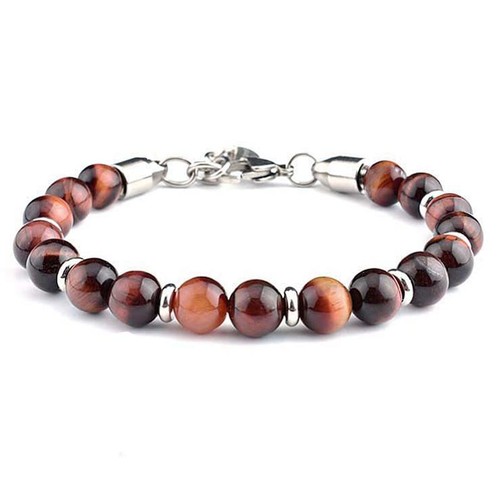 Men's 8mm Stainless Steel Map Stone & Tiger Eye Beaded Bracelet, Adjustable Gift - Picture 20 of 35