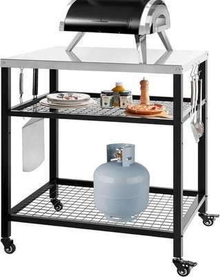 Stainless Steel Outdoor Grill Cart Pizza Oven Stand 3 Shelf