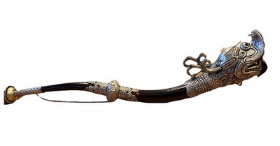 Vintage 20'' Tibetan Buddhist Silver Tone & Black Paint Metal Dragon Horn Trumpet
