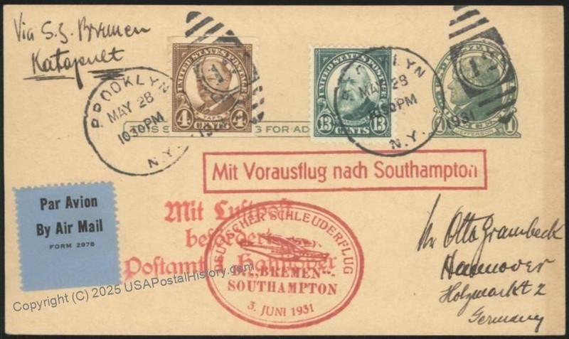 USA 1931 Bremen Schleuderflug Catapult K64 Cover Airmail Germany Hannover 116201