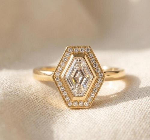 Vintage Sechseck Moissanit Verlobungsring 14K massiv Gold Einfassung Heiligenschein Braut Geschenk - Bild 1 von 6
