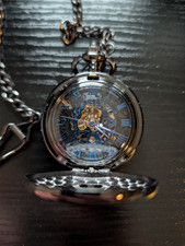 Mens Pocket Watch Mechanical Black Steampunk Skeleton Retro Chain Luxury Classic
