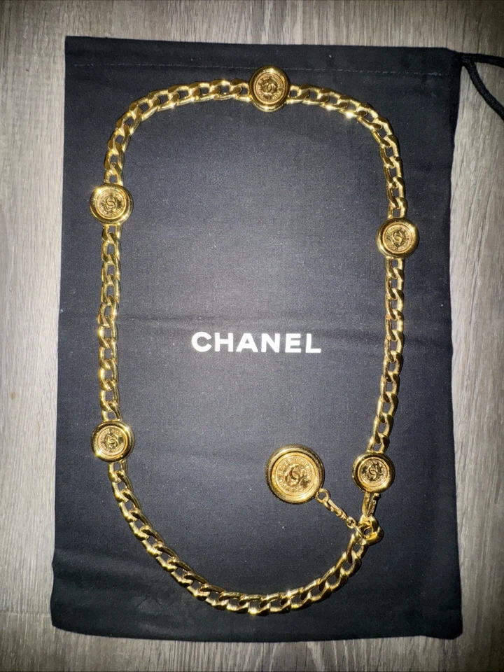 Cinto corrente moeda 100% autêntico CHANEL usado CC logotipos folheado a ouro vintage #CY156 S - Imagem 3 de 4
