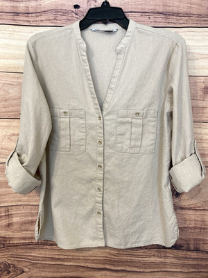 Zara Size M Beige Tab Roll Sleeves Shirt Blouse Top Pockets