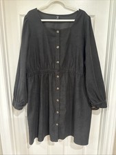 Shein Curve 4XL Long Sleeve Button Up Dress Elastic Waist Black Goth Alternative