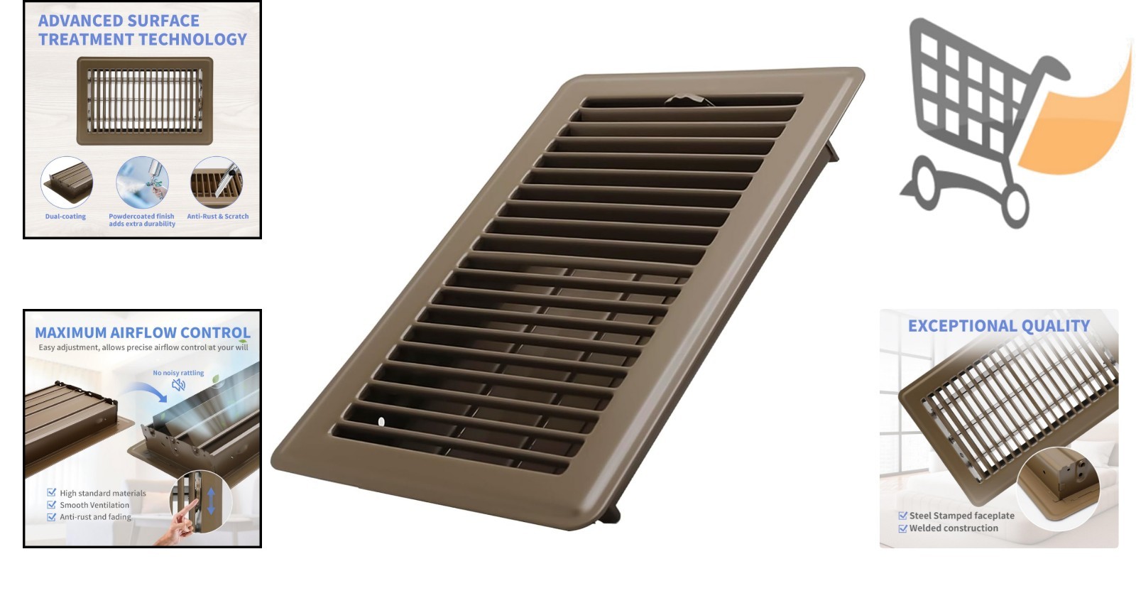 6x10 Inch Steel Floor Register Heavy Duty Brown Air Vent Cover Ventilation