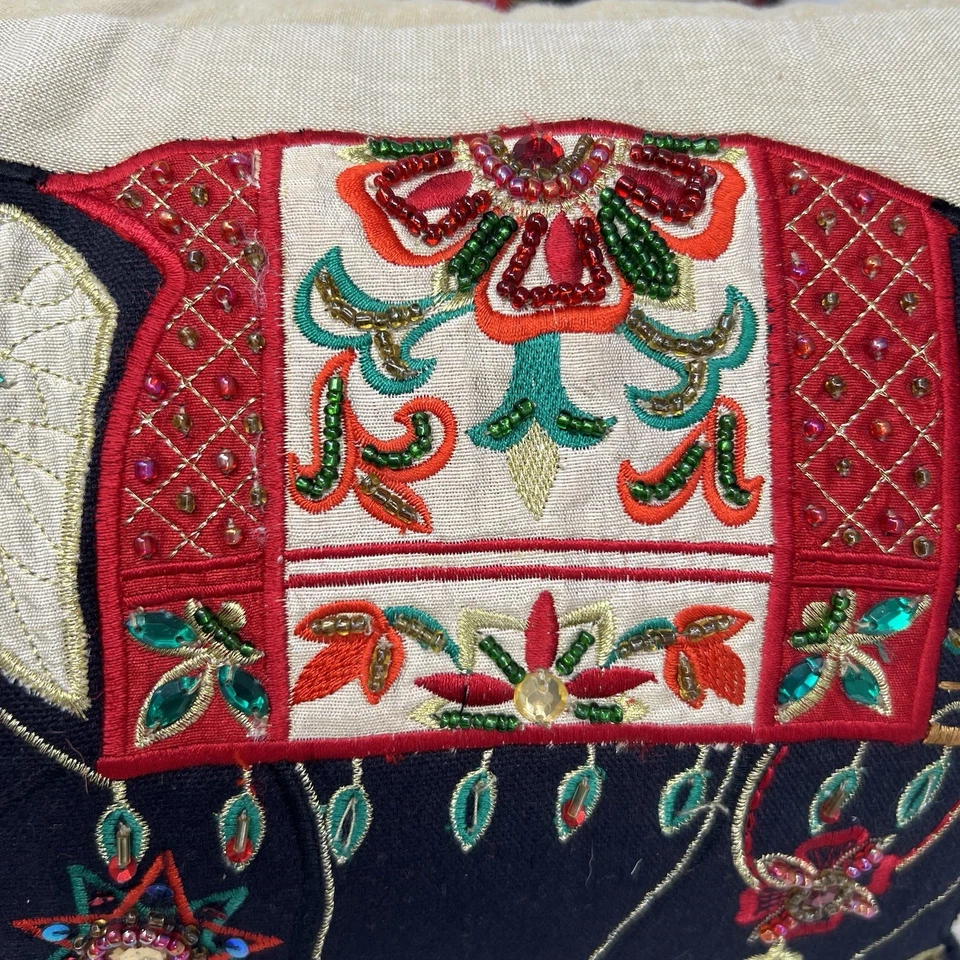 Pier 1 Elephant Throw Pillows 19”x11” Beaded Embroidered Boho Red Black Circus - Image 4 of 4