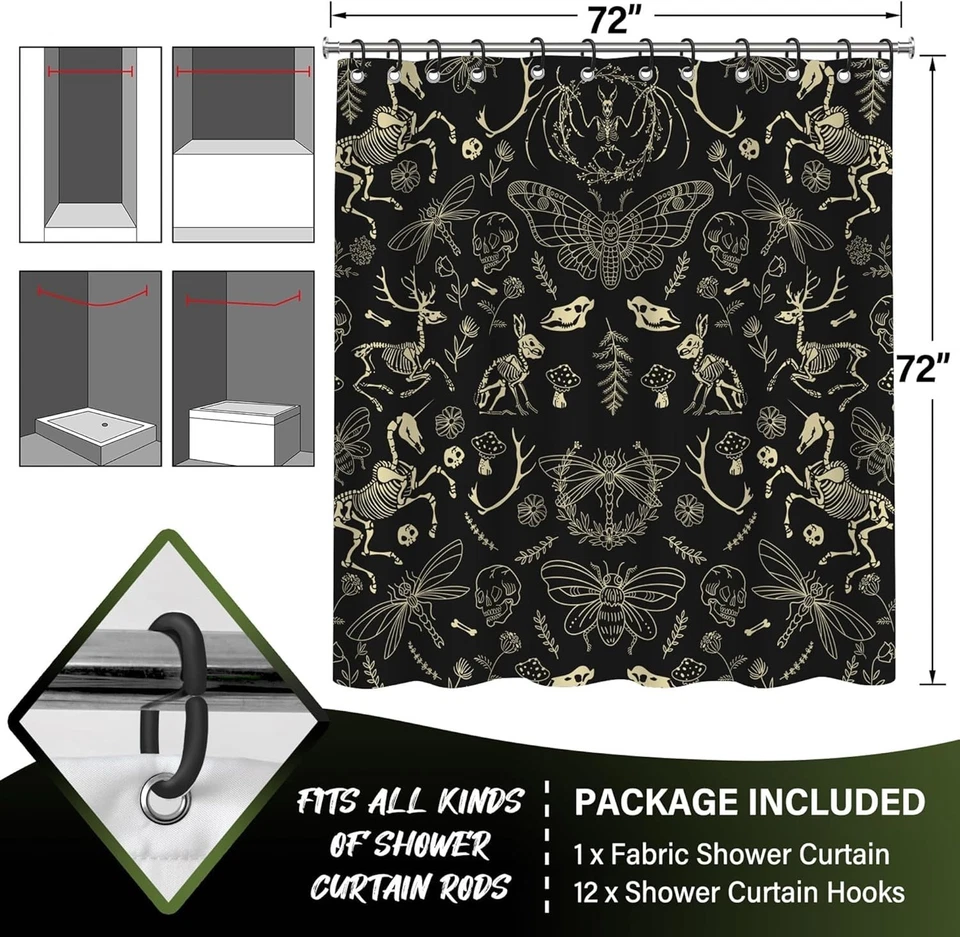 Halloween Negro y Dorado Calavera Cortina de Ducha Gótico Baño Decoración 72x72 Pulgadas Foto 4 de 4