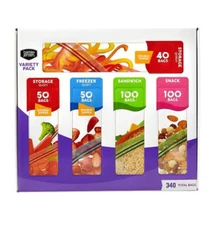 Food Storage & Freezer Bags Variety Pack 340 ct- Snack,Sandwich,Quartz,Gallon