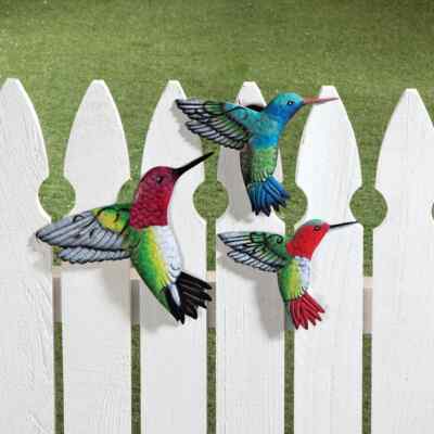 Set Of 3 Colorful Hummingbirds Indoor/Outdoor Metal Garden Fence ...