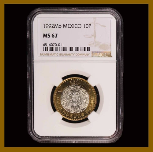 Mexico 10 Pesos Bimetallic Silver Center Coin, 1992 NGC MS 67