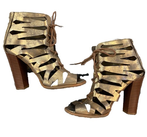 Call It Spring Block Heels Gold Metallic Tie Up Open Toe Bootie Sandals Sz 7.5 - Picture 7 of 13