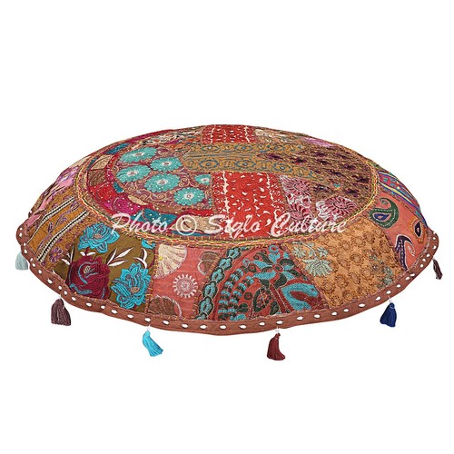 Ottoman XL Brown Floor Pillows Vintage Patchwork Round Floor Cushions Cover - Picture 2 of 6