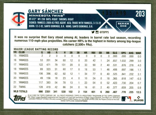 Lámina arco iris verde Gary Sanchez serie 1 Topps 2023 #/499 gemelos SP - Imagen 2 de 2