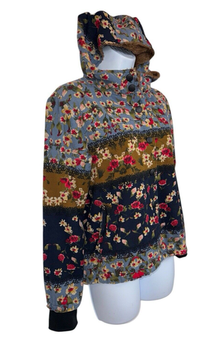 Cellabie Jacke Damen blau Blumen Kapuze Kunstfell Taschen Jacke Größe Large L