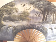 Vintage Oriental Fan Large Folding Wall Decor Canvas Art Wood 30 in wide 18 in H