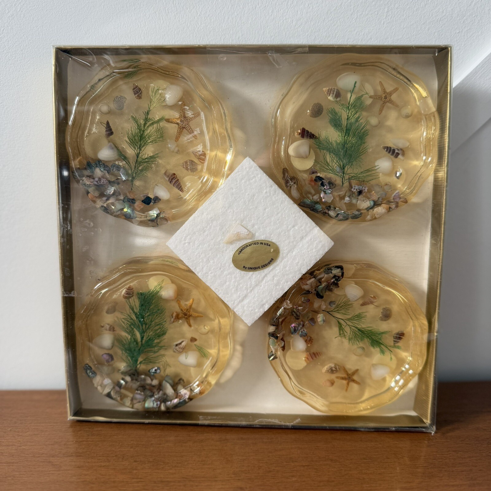 Set Of 4 Yellow Lucite Coaster Set Seashell Starfish Ocean Gift Set USA