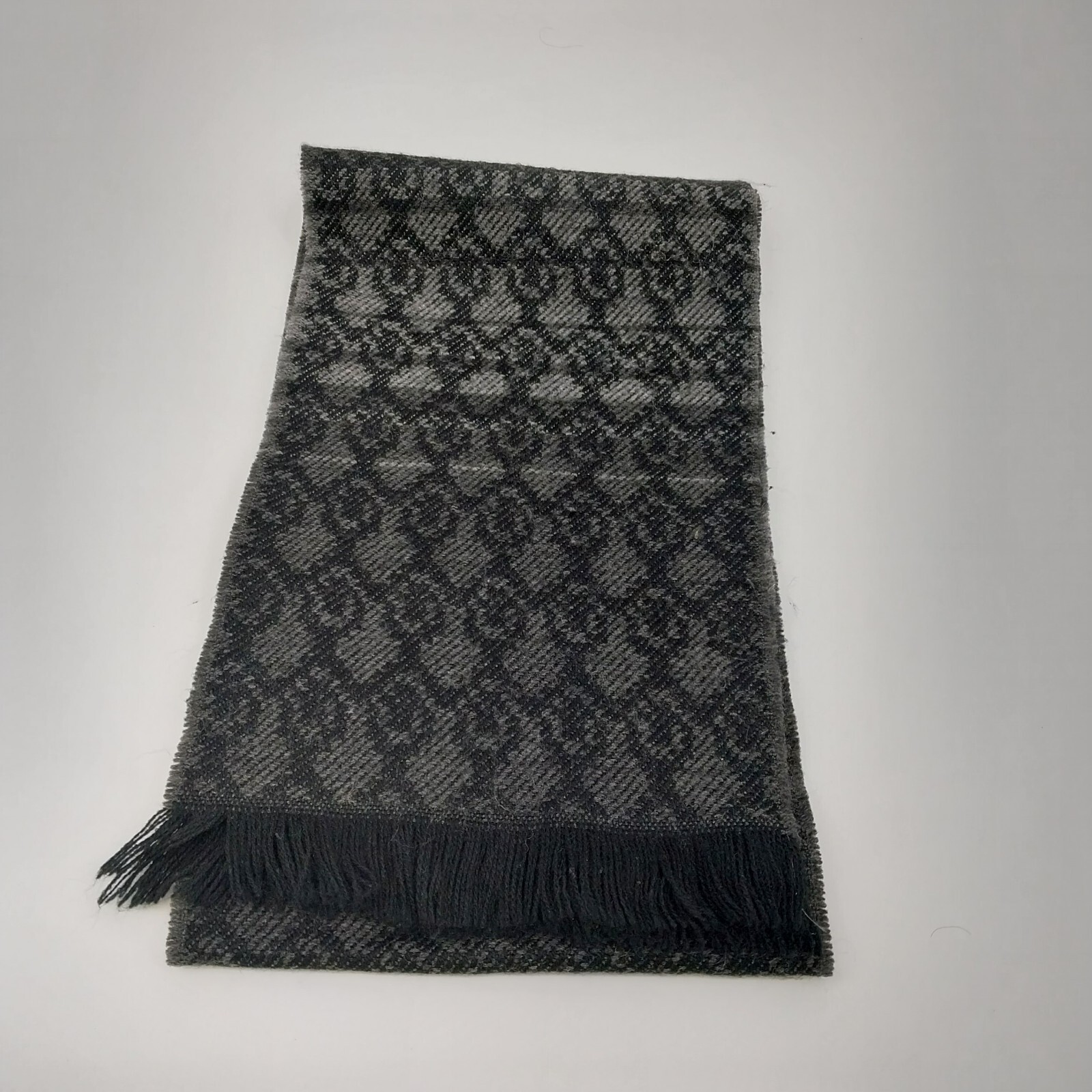 Black Gray Winter Scarf with Geometric Knit and Fringe Ends-image