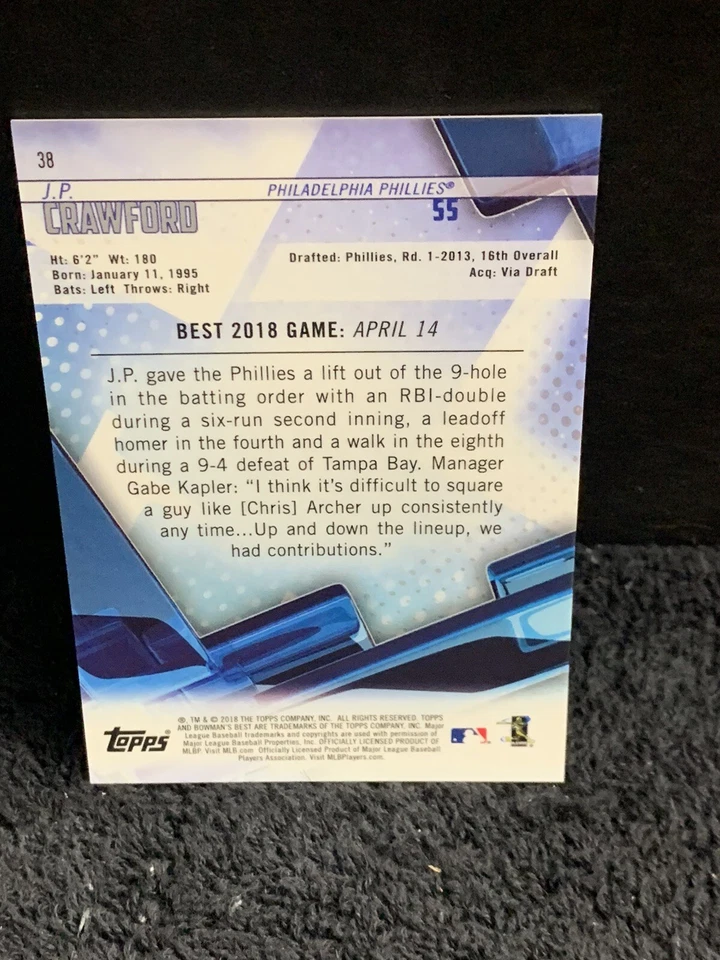 JP Crawford 2018 Bowman's Best Purple Refractor RC /250 #38 - Image 2 of 2