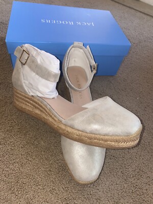 Jack Rogers Shoes 11 Metallic Linen Closed Toe Mid Wedge Palmer Platinum  NEW