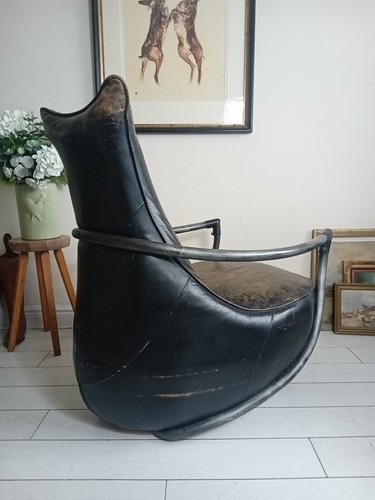 Leather Armchair steel Arms Frame Black Distressed Leather Bun Feet Stunning - Picture 6 of 24