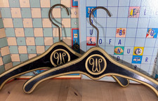 Hollywood Regency Wooden Monogrammed W Clothes Hangers Black Gold Lot of 2