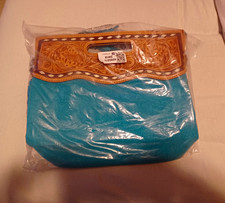 Western Blue Suede Tooled Leather Fringe Shoulder Bag Zip Detach Strap 13x8x4