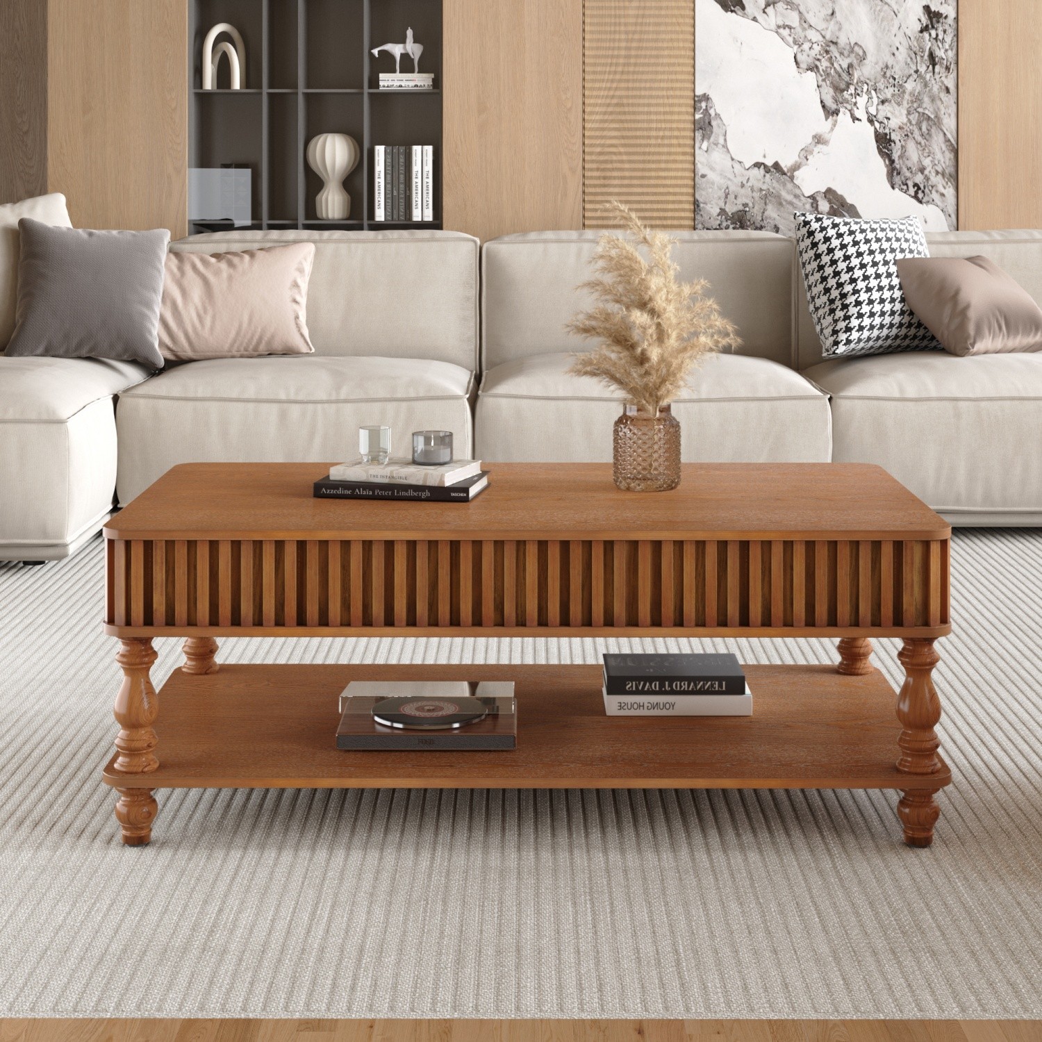 Vintage 2-Tier Lift Top Coffee Table  with Hidden Compartment & Solid Wood Legs