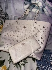 Coach White Pink Floral Leather Shoulder Bag with Matching Wallet