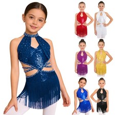 Kids Girls Costume Glittery Dress Tassle Dancewear Stage Sleeveless Cha-Cha