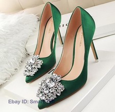 Women's Satin High Heels Pointed Toe Rhinestones Shoes Wedding Party Dress Pumps