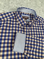 Johnston & Murphy Shirt Mens XL Blue Brown Check Button Down Flip Cuff