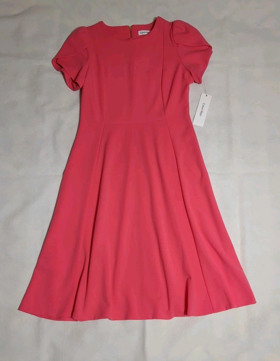 Calvin Klein Womens Pink Crepe A-Line Midi Dress Tulip Sleeve Size 10 NWT  $139