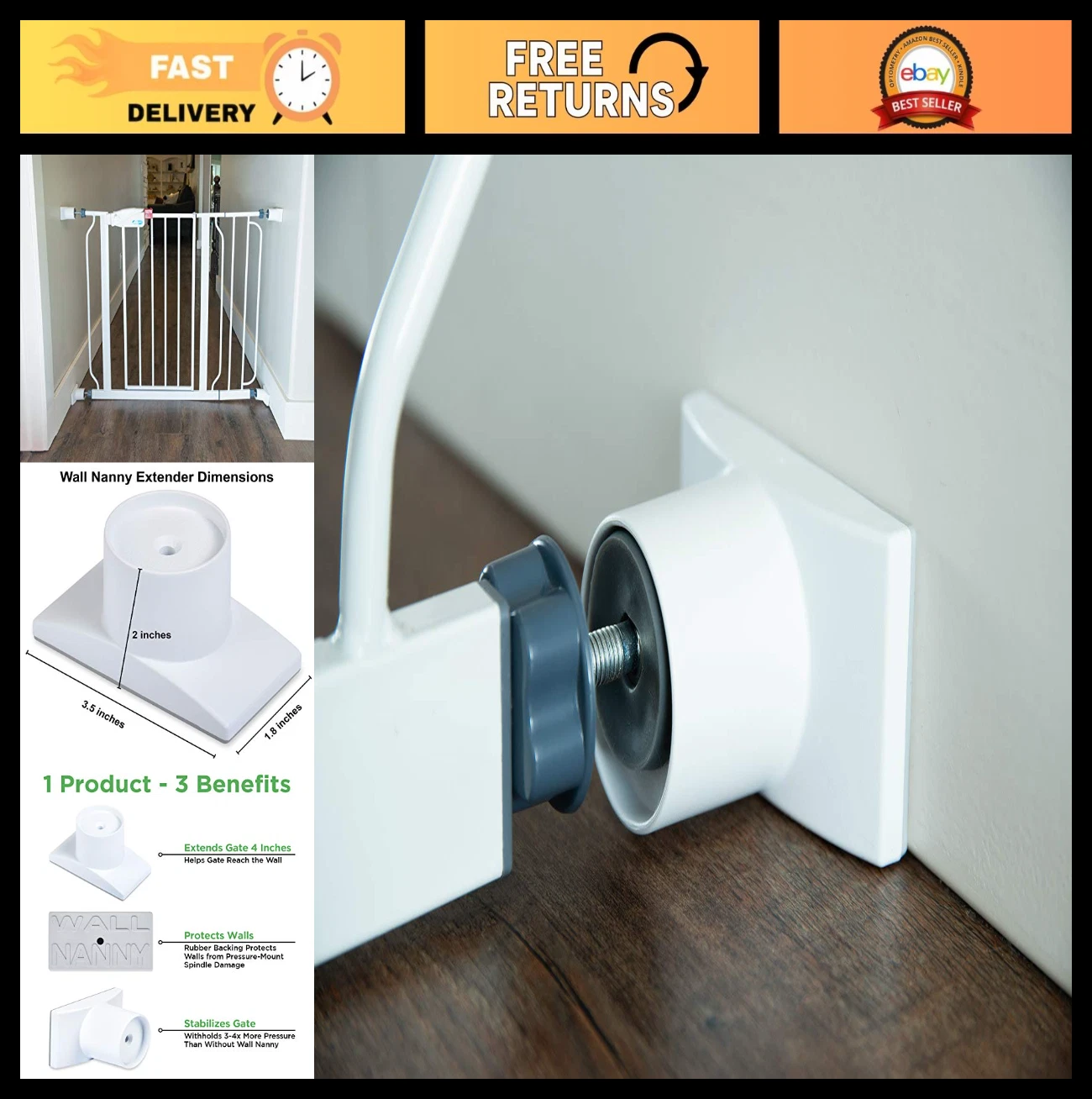 4" Baby Gate Wall Extender - Pressure Mounted Guard, Protects Walls, Stabilizes