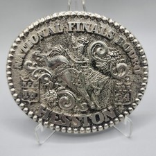 Vtg 1984 HESSTON NATIONAL FINALS RODEO BELT BUCKLE FRED FELLOWS Signed NFR Bull 