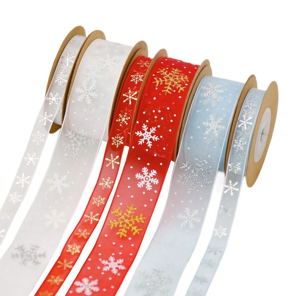 2x10M Blue White Red Snowflake Ribbons Gifts Boxes Xmas Gift Wrapping Tree Decor