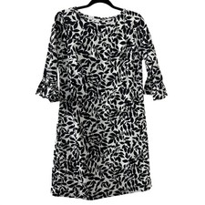Isaac Mizrahi Leaf Print Shift Dress 10 Black White Ruffle Sleeve Mod Preppy