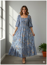 Vici Maxi Dress Womens Medium Blue Floral 3/4 Sleeve Square Neckline Dress