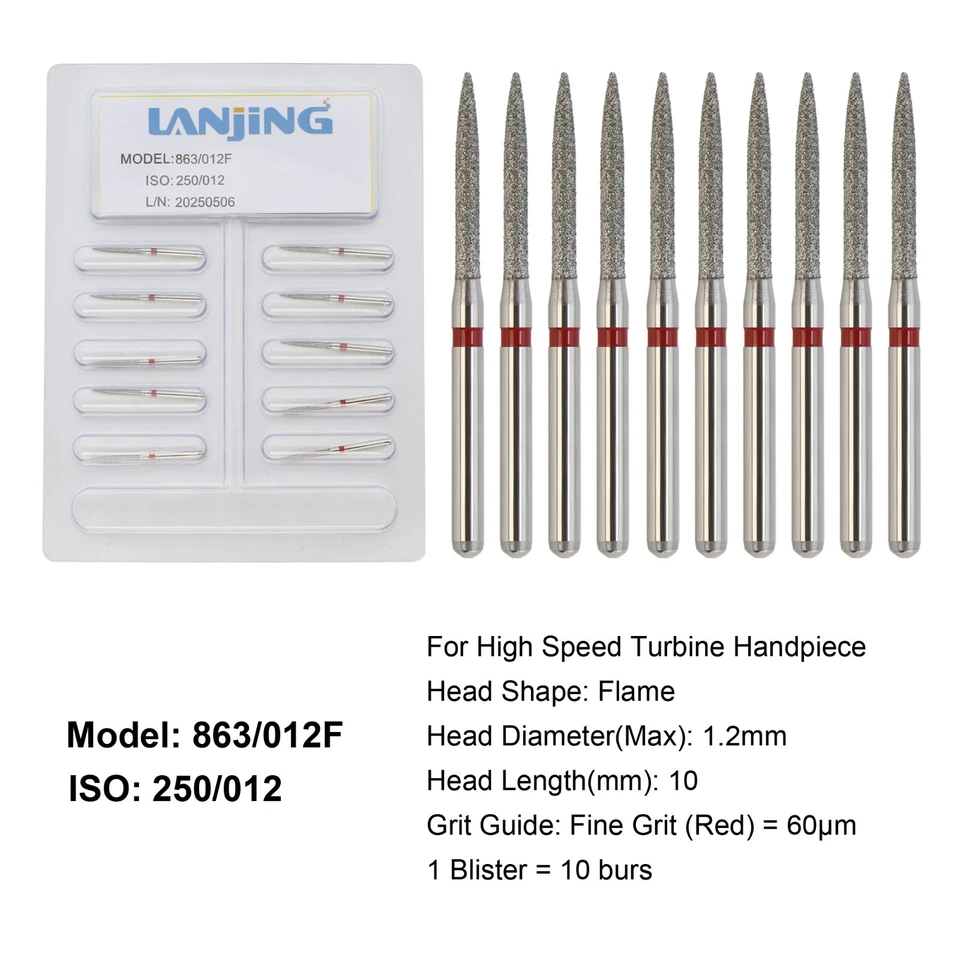Dental Diamond Burs FG Flame Diamond Bur Fine Grit Red 863/012F High Speed - Image 2 of 4