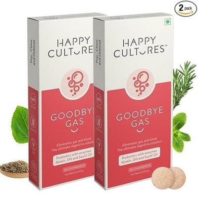 VELBIOM Happy Cultures Goodbye Gas All Types Of Gas Relief, 60 Chewables.