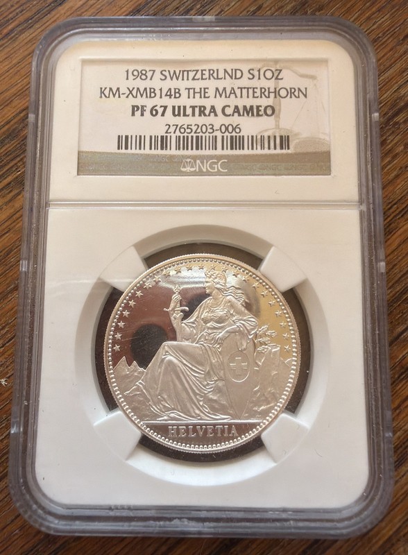 🇨🇭Swiss 1987 Silver 1oz Thick UltraCameo ex/ThickCoin Helvetia Graded PF67 NGC