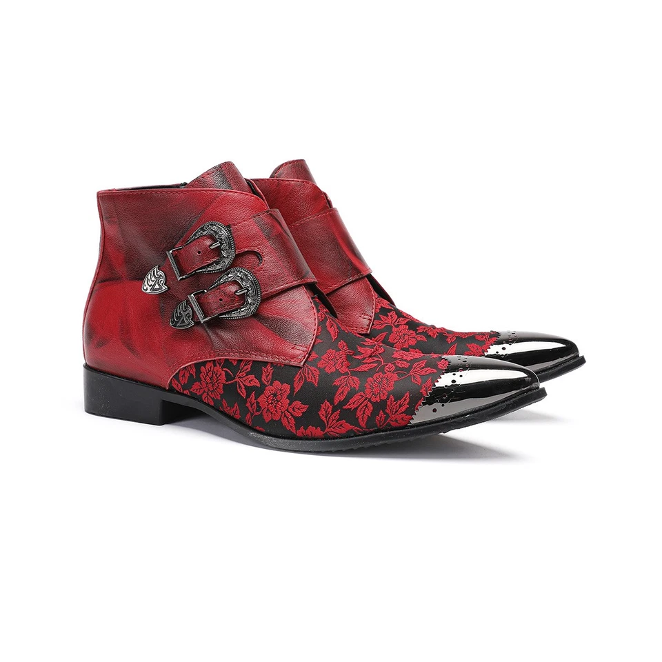 Botas masculinas de couro real biqueira pontiaguda estampa floral fivela tornozelo festa noturna zíper - Imagem 3 de 4