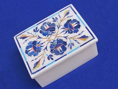 4 x 3 Inches White Marble Jewelry Box Lapis Lazuli Stone Inlay Work Watch Box