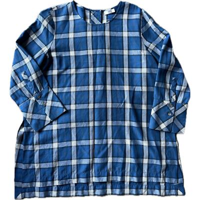 J.Jill Women s Blue Atlantic Plaid 3/4 Sleeve High Lo Button Back Tunic Blouse S