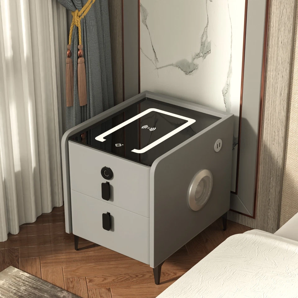 Mesita de noche moderna gris claro con bloqueo de seguridad de huellas dactilares de carga inalámbrica USB Foto 4 de 4