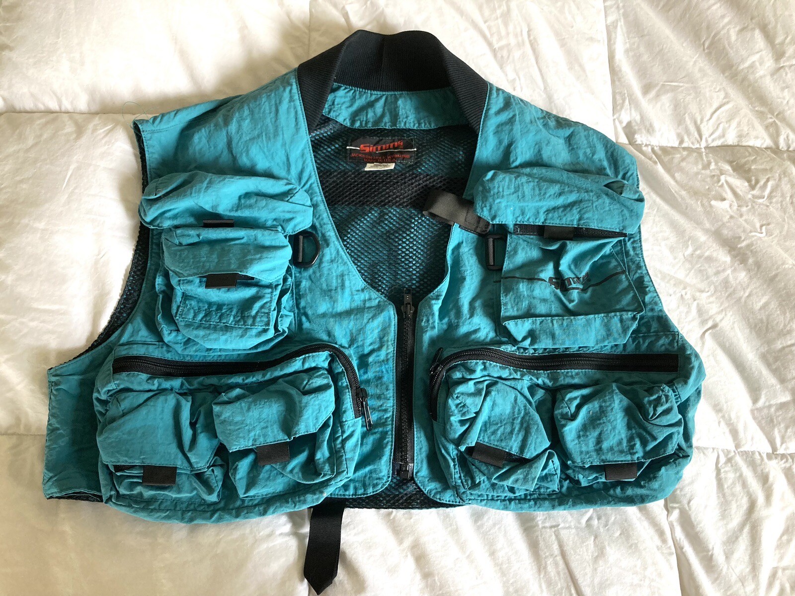 Vintage Simms Guide Fly Fishing Vest Size S Turquoise Zip Pockets Mesh